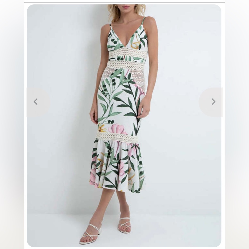 PatBo Jasmin Floral Crochet-Trim Midi Dress in White and Green